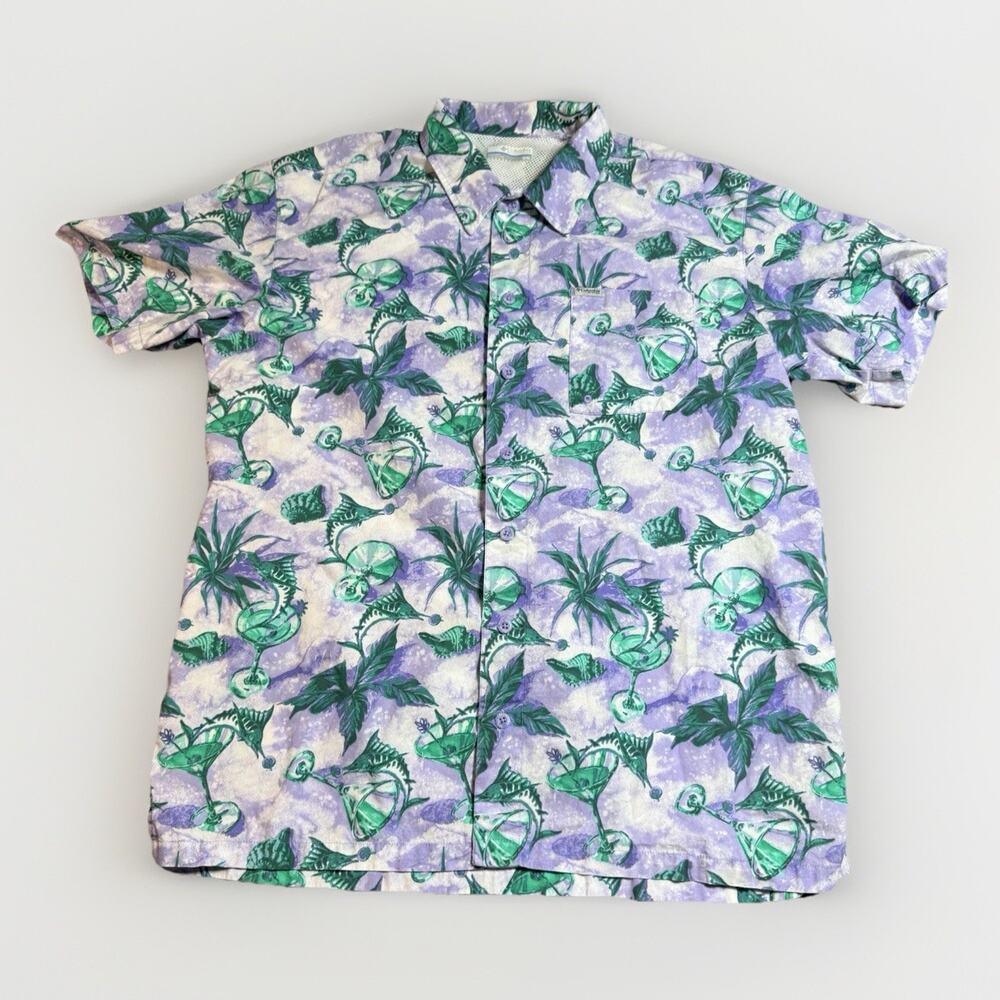 Columbia PFG Trollers Best Shirt Purple White‎ Green Martini Marlin Medium Men's